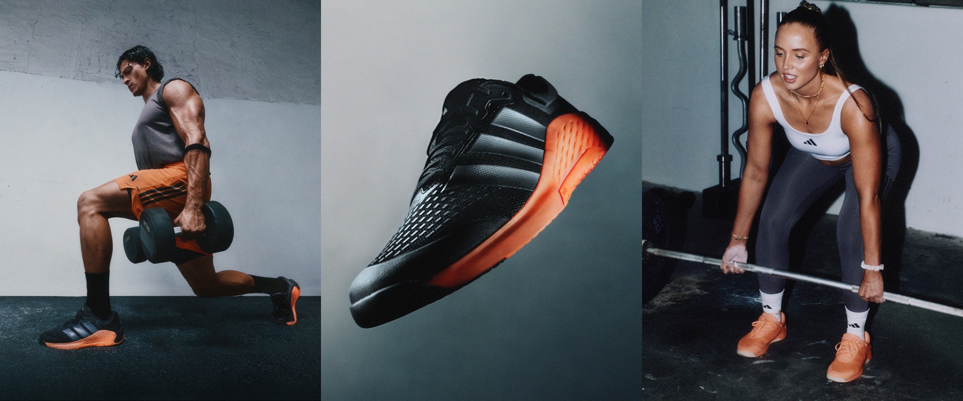 The image features a close-up view of a pair of athletic shoes with a distinctive black and orange design, set against a dark background with two individuals engaged in physical activity.