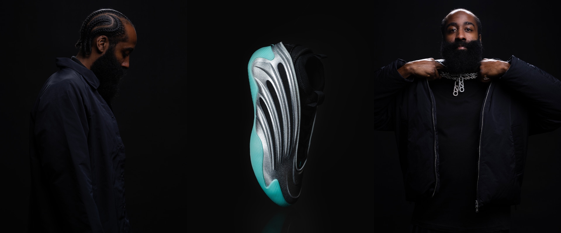 Two individuals wearing dark robes stand on either side of a large, glowing, circular object against a dark background.