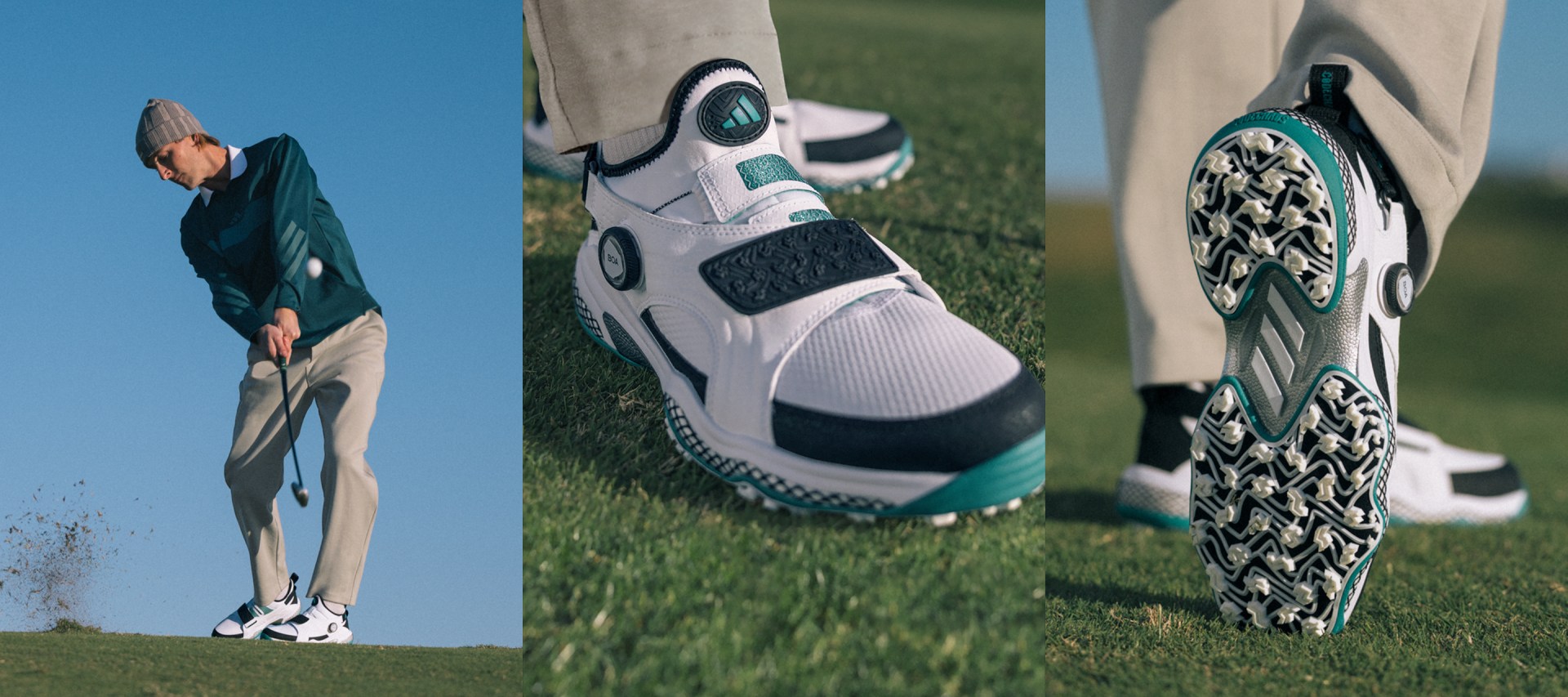 The image shows a person wearing futuristic-looking golf shoes standing on a grassy field with a clear blue sky in the background.