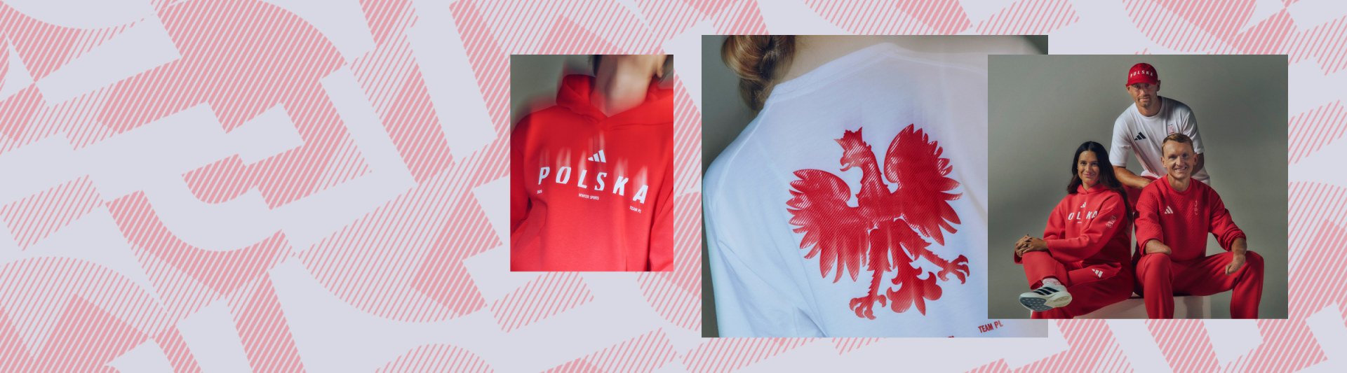 Na zdjęciu widać czerwoną koszulkę z nadrukowanym słowem "POLSKA" oraz białą koszulkę z czerwonym orłem na różowo-białym tle w paski.