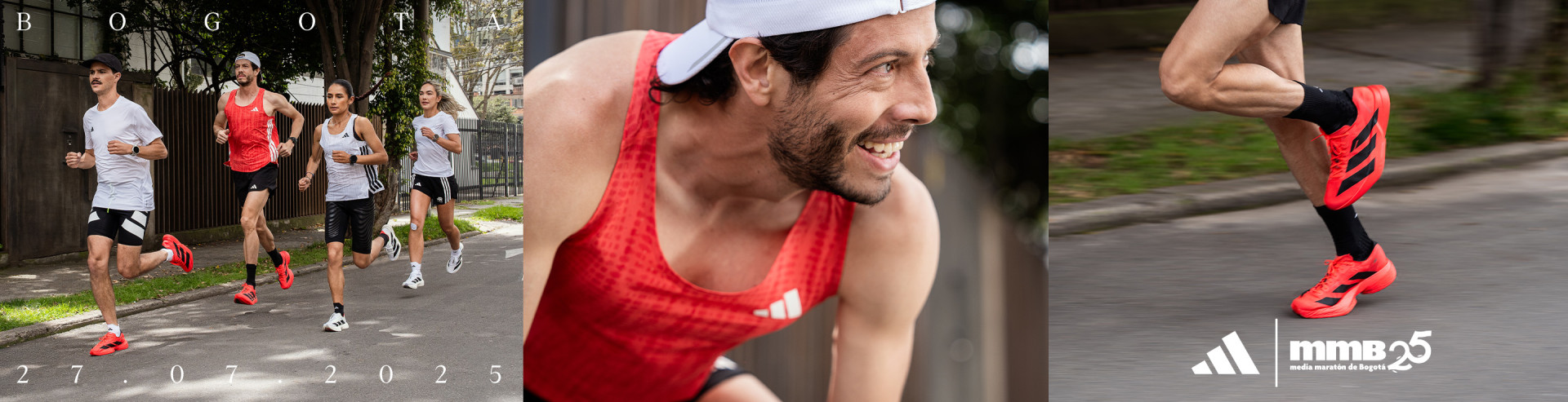 A man wearing a red tank top and a white cap is smiling and running on a sidewalk, with a blurred background of trees and a person walking in the distance.