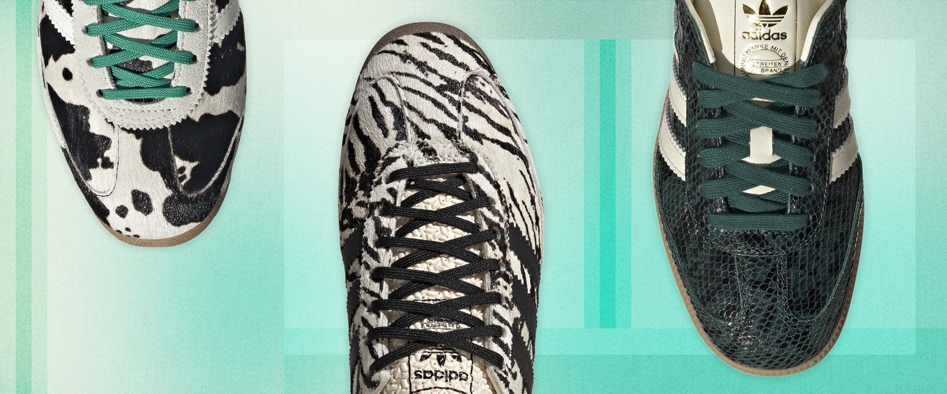 L'image montre une paire de sneakers adidas à motifs, avec un imprimé zèbre sur la chaussure gauche et un design texturé semblable à du mesh sur la chaussure droite. Le fond est vert menthe, ce qui crée un contraste saisissant avec les designs graphiques originaux de la chaussure.