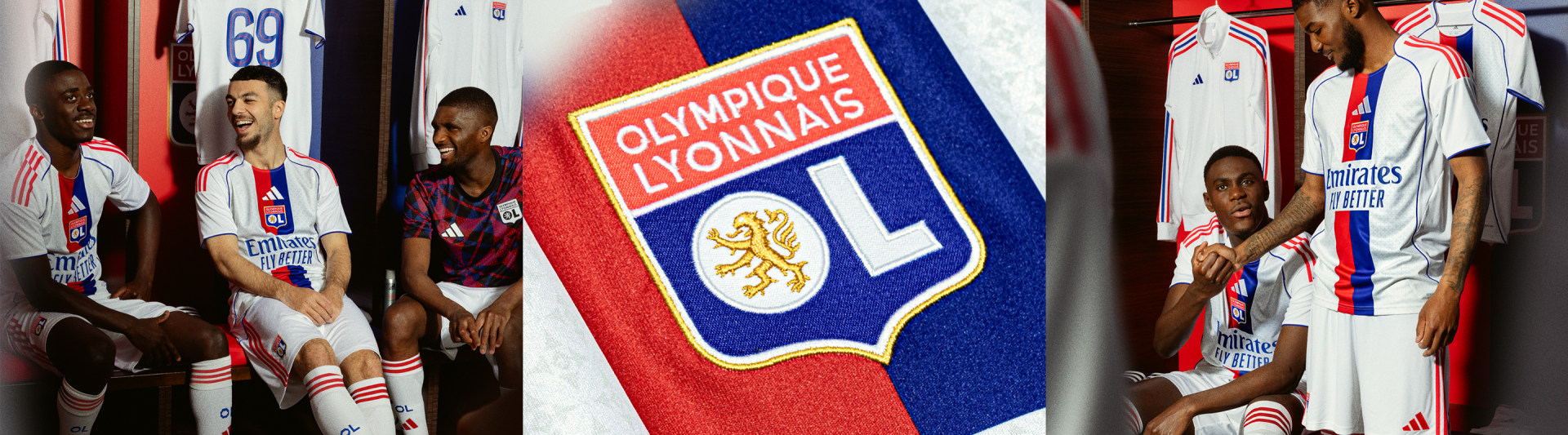 Das Bild zeigt das Logo von Olympique Lyon, einem Profi-Fußballverein aus Lyon, Frankreich, auf einem Trikot oder einer Uniform.