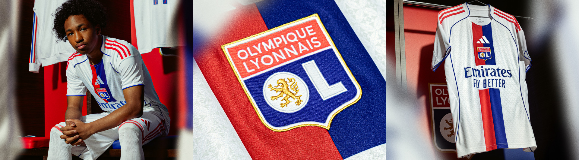 De afbeelding toont het logo van Olympique Lyonnais, een professionele voetbalclub uit Lyon, Frankrijk, prominent aanwezig op een shirt of uniform.