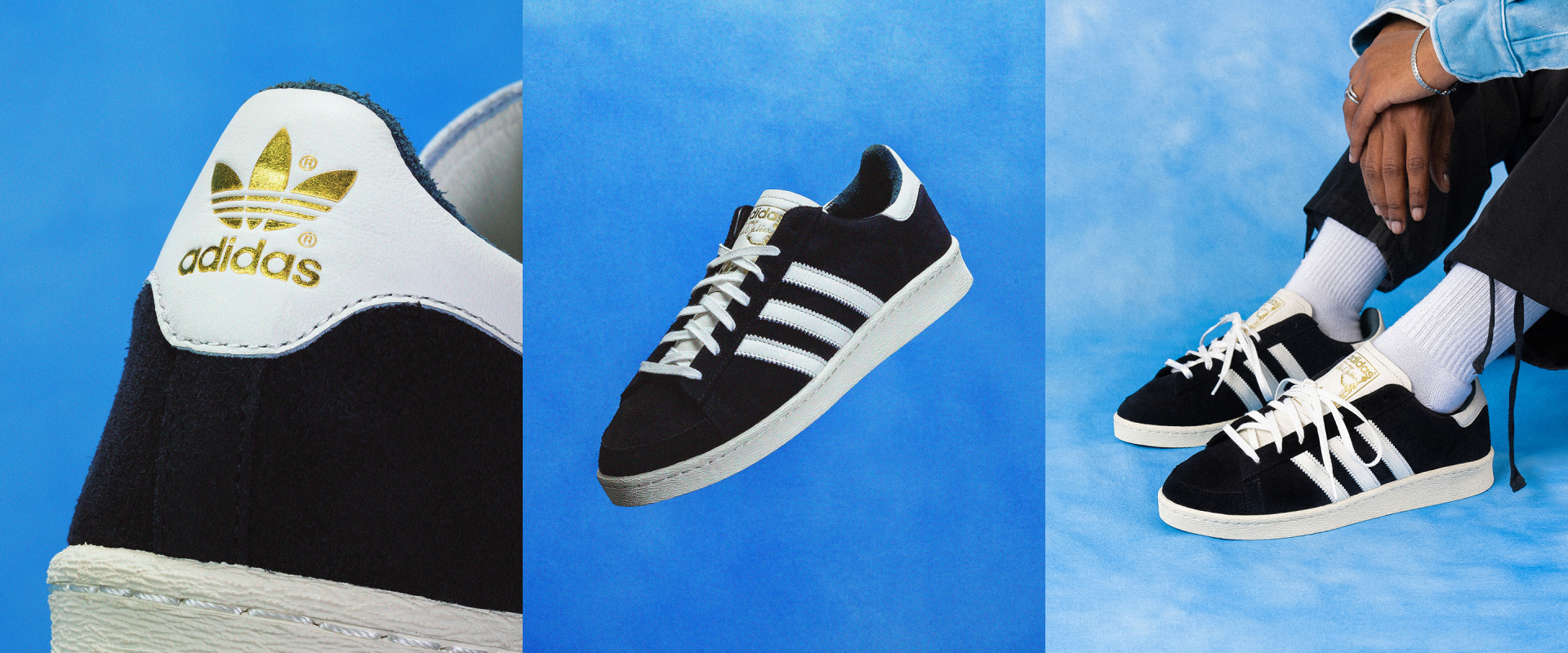 The image features three different pairs of Adidas sneakers against a vibrant blue background. The sneakers in the foreground display the iconic Adidas trefoil logo and are in a classic black and white color scheme.
