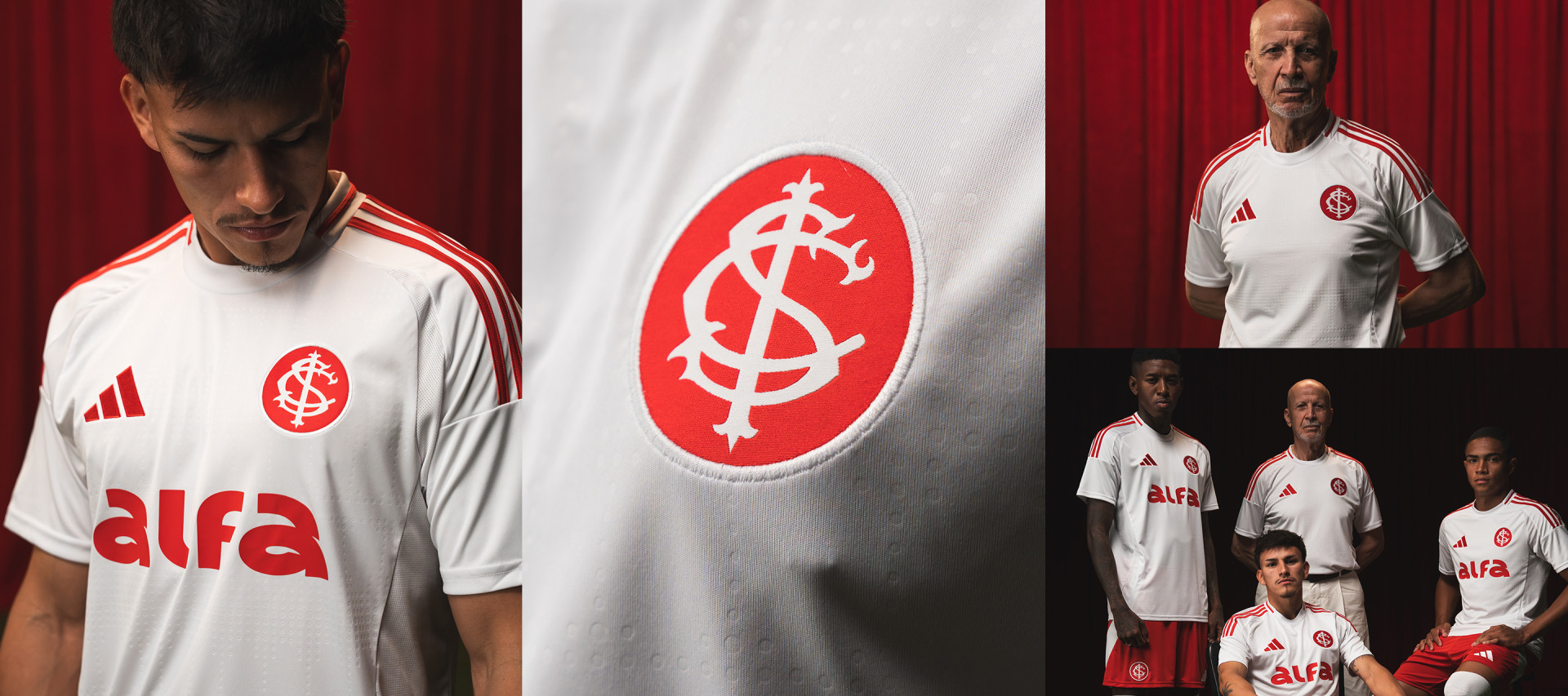 The image features a white soccer jersey with the logo of the Internacional football club prominently displayed, along with several individuals wearing the same jersey.