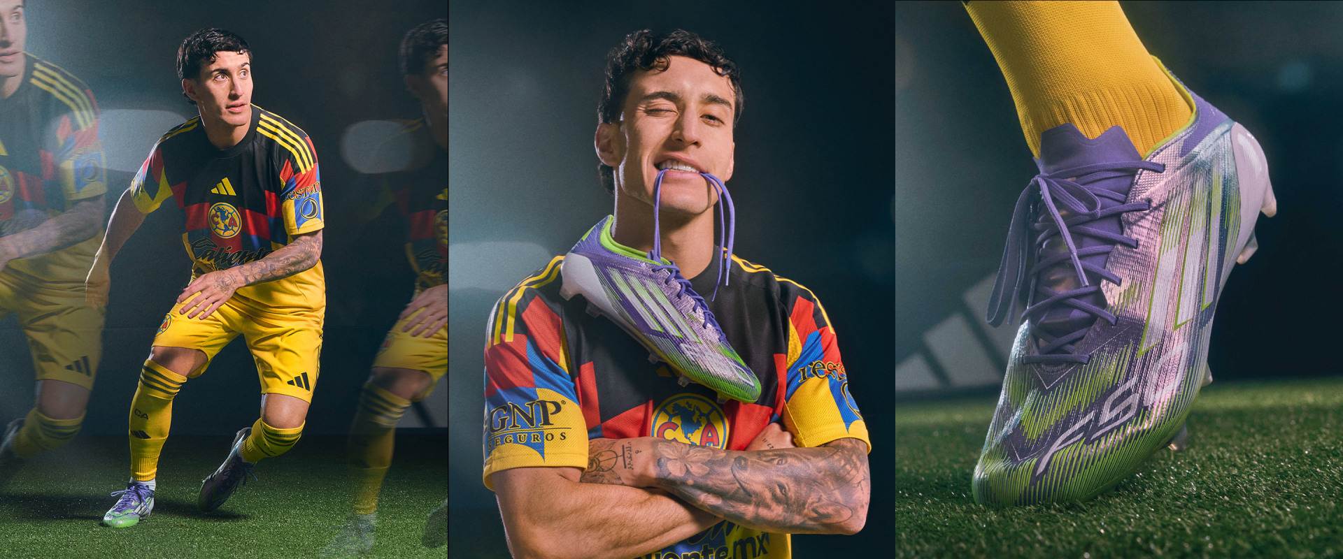 The image features a soccer player wearing a colorful, patterned jersey and shorts, standing on a grassy field with a blurred background.