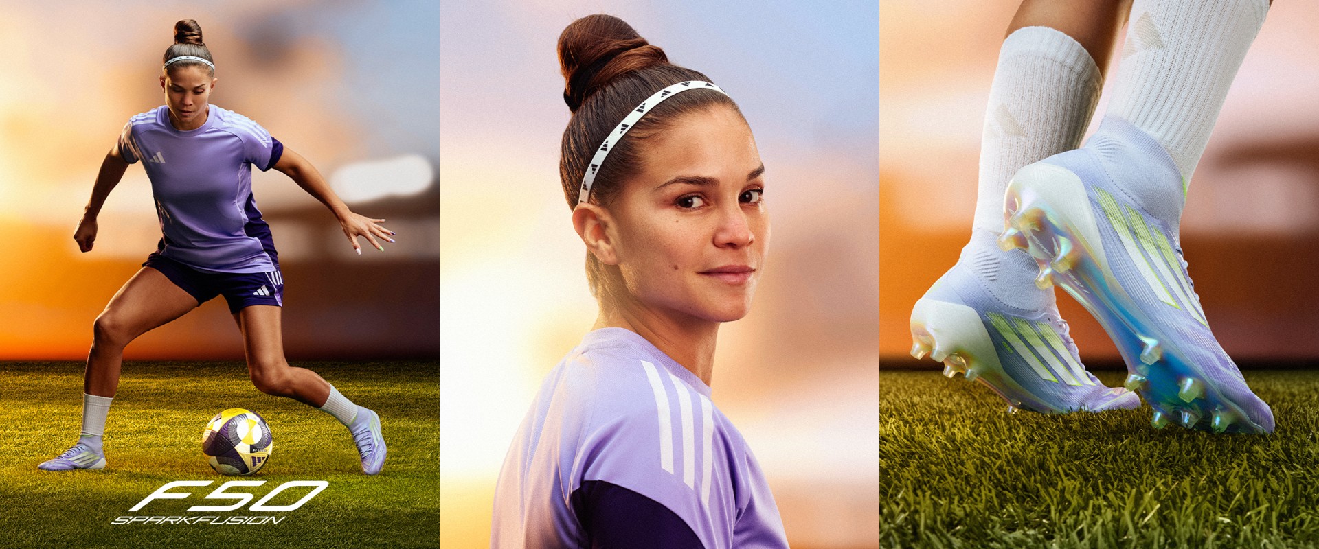 The image features a female soccer player in action, with a close-up portrait of her face and a background of a soccer field.