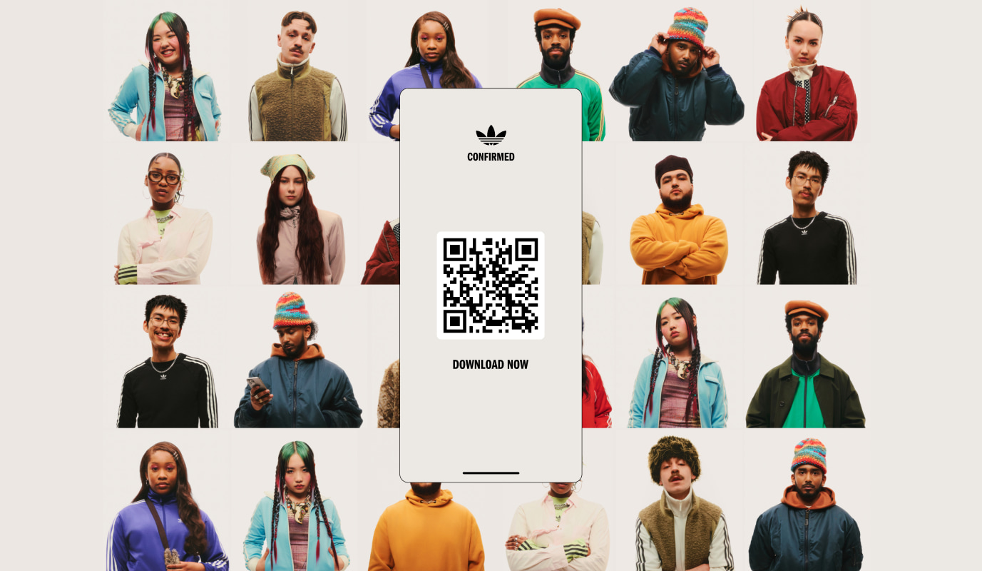 The image displays a collage of various individuals wearing different styles of casual and winter clothing, with a large Adidas logo and QR code prominently featured in the center.