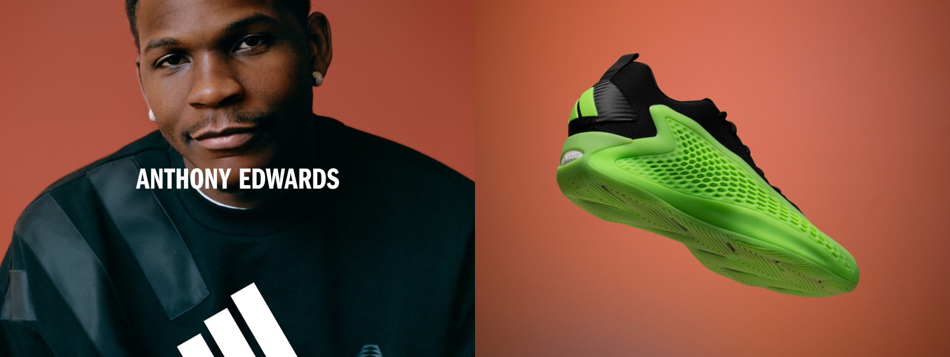 Collage of lime green and black adidas basketball shoe and Anthony Edwards close-up wearing adidas Basketball sweater