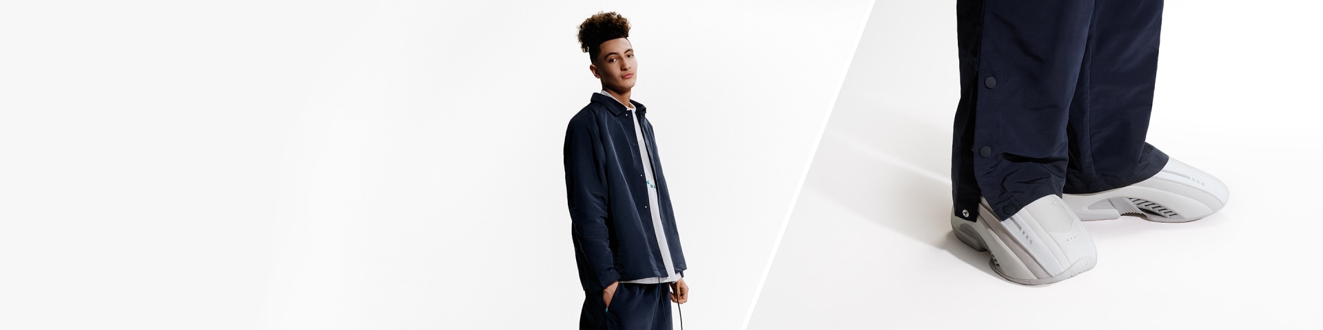 Composition of model wearing navy basketball apparel and slides.