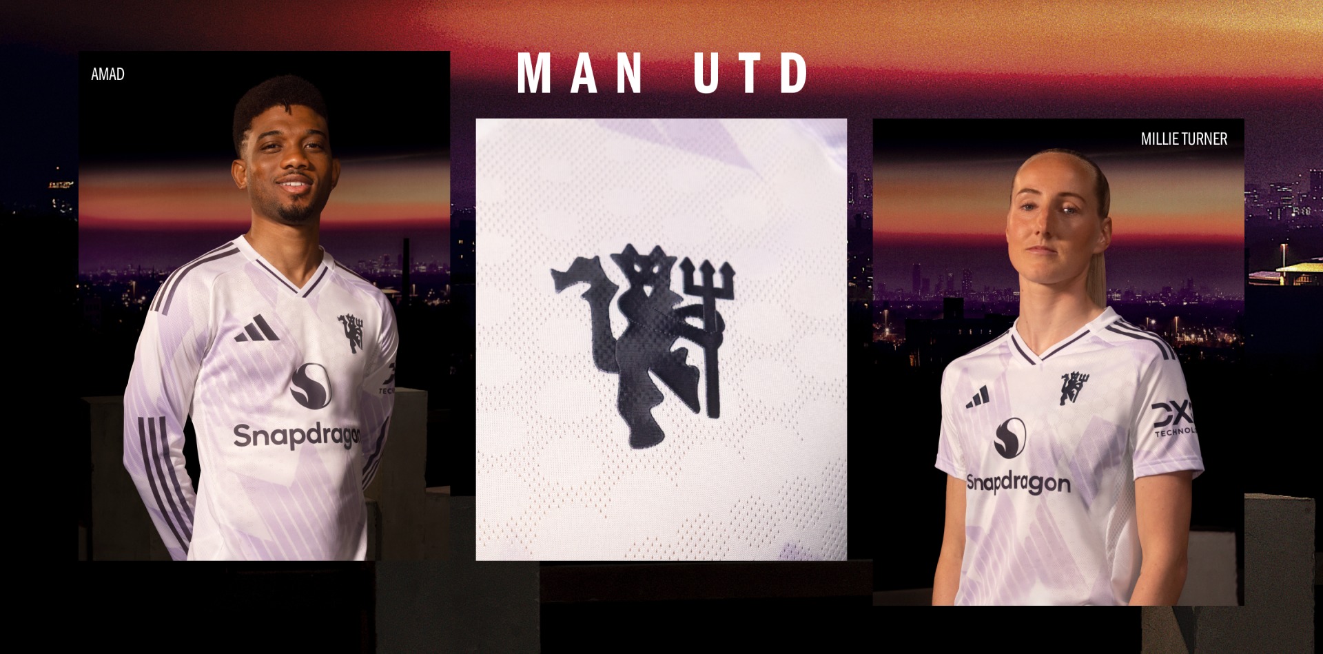 The image features two soccer players wearing Manchester United jerseys, with the team's logo and the text "MAN UTD" prominently displayed. The background depicts a sunset skyline, creating a dramatic and visually striking scene.