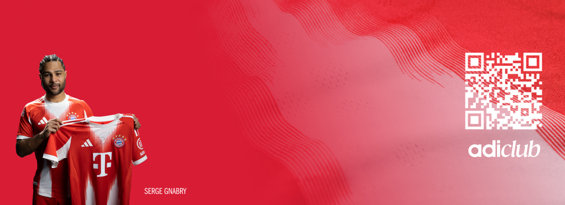 A red and white soccer jersey with the Adidas logo and the name "Serge Gnabry" prominently displayed against a vibrant red background with abstract wave-like patterns.