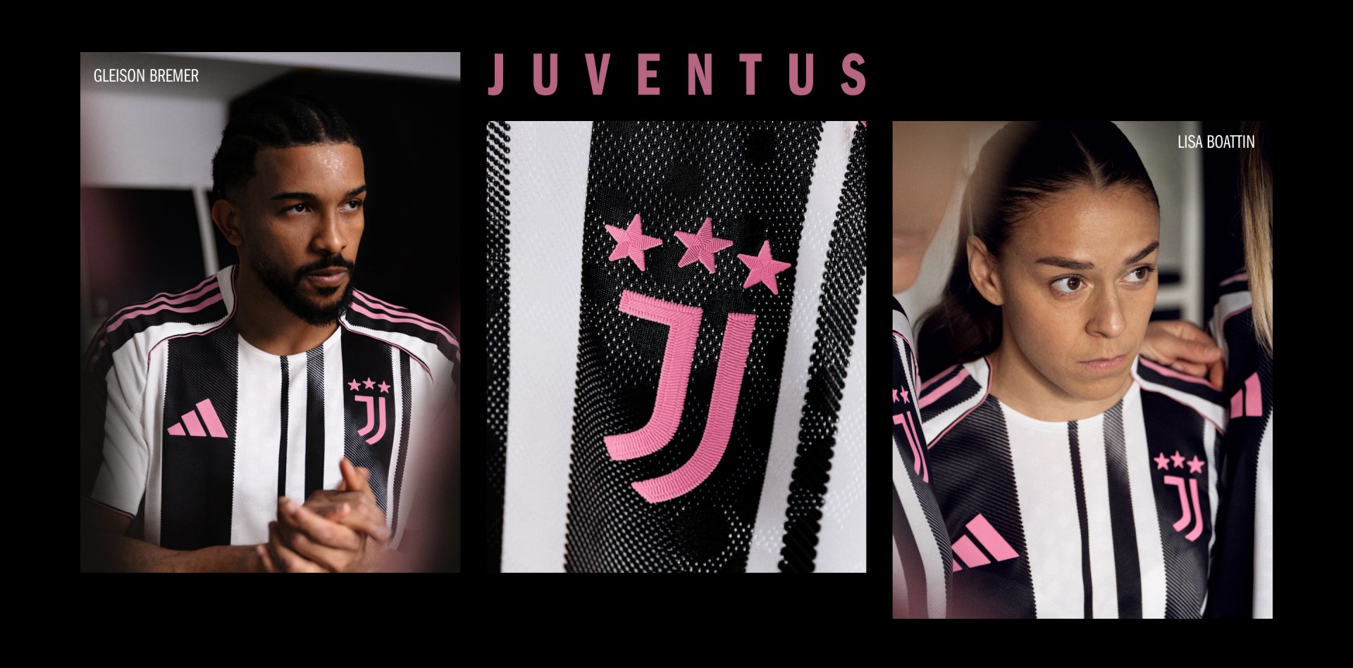 La imagen muestra a dos futbolistas vistiendo la camiseta de la Juventus, con el logotipo y el logotipo del equipo de forma prominente en el fondo.
