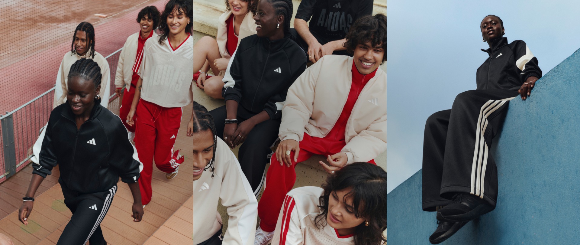 A group of people, mostly dressed in red and white clothing, are walking together in what appears to be a hallway or indoor setting.