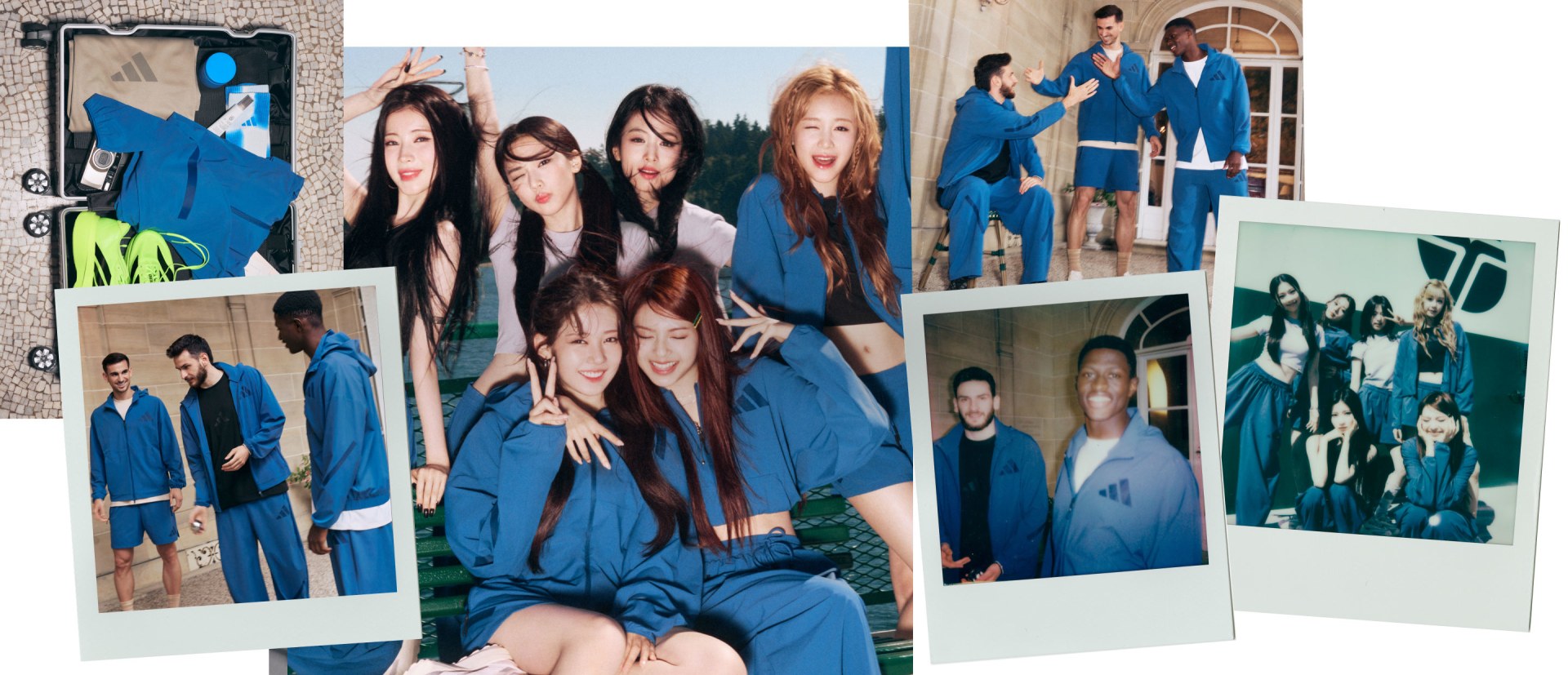 A montage of images and polaroid style photographs of BABYMONSTER and Paris players all wearing outfits from the new ADIDAS Z.N.E. range.