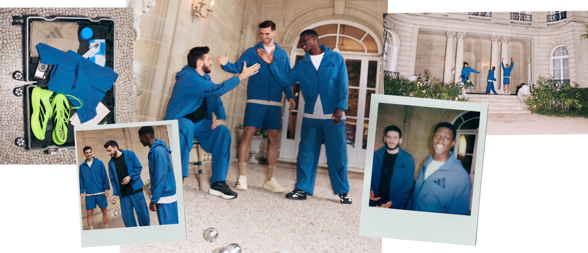 Zábery obrázkov a polaroidové fotky hráčov Paríža v outfitoch z novej kolekcie ADIDAS Z.N.E..