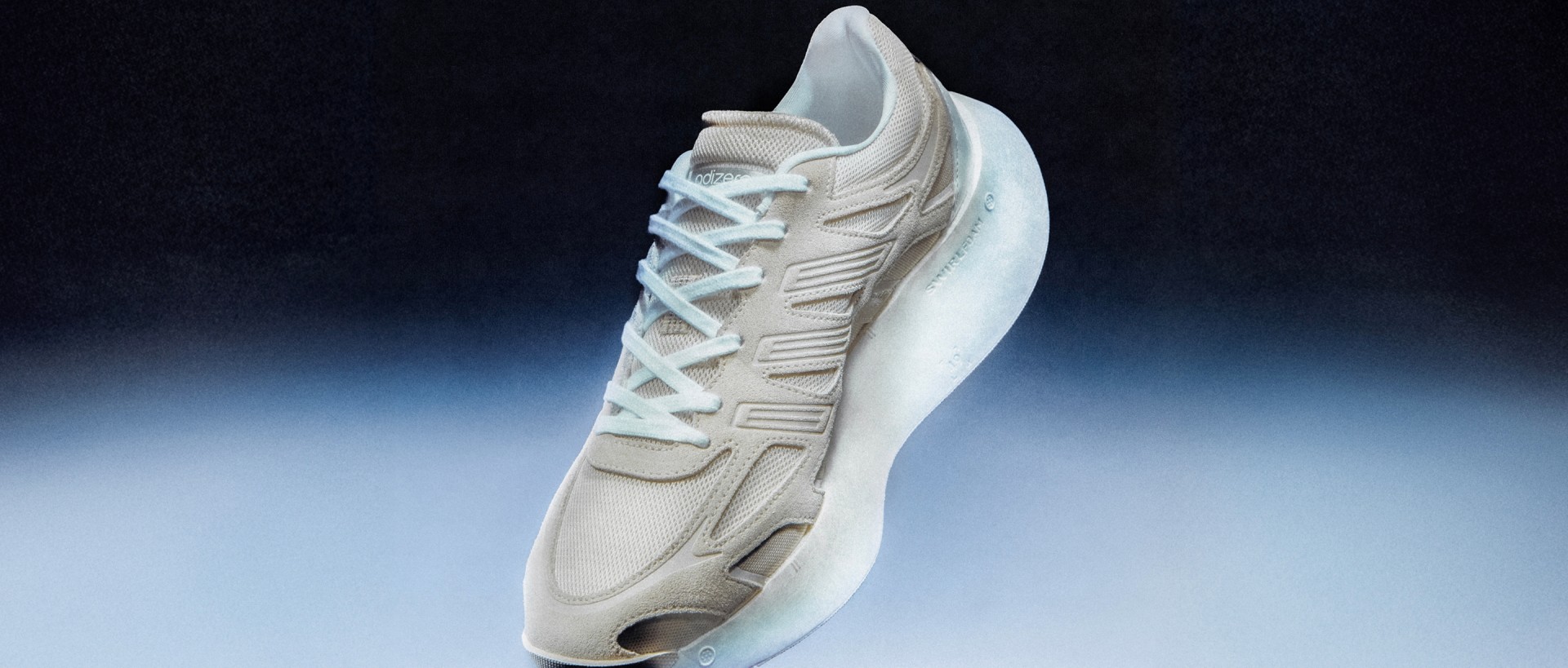 A white athletic shoe with intricate design patterns and a sleek, futuristic appearance stands against a dark background with a gradient of blue hues.