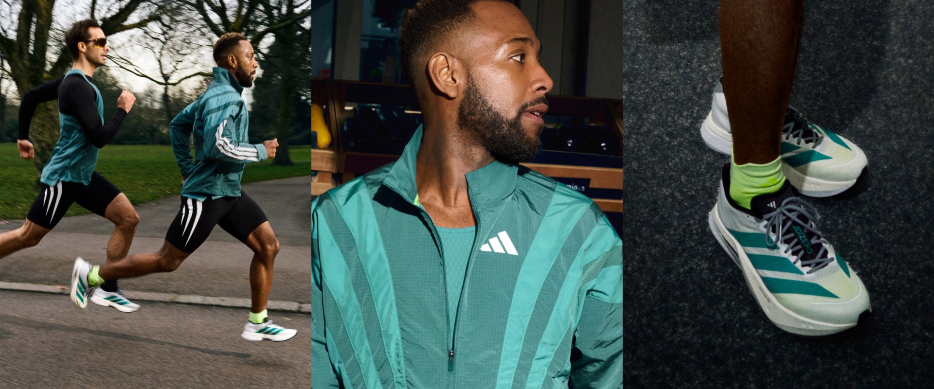 3 images show. The first is two women running at speed through an urban park, the second is a body shot of a woman wearing a vest from the new Adizero range, and the last is a shot of the new Adizero Boston 13 being worn by a man in an urban setting.