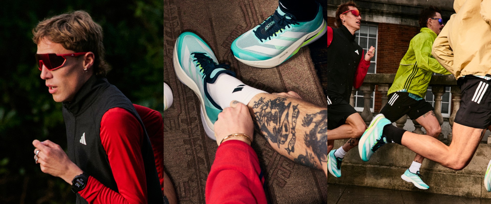 Three images show, a man running wearing Adizero acccessories, a man pulling his socks up under his new Adizero Boston 13's, and a group of men running through an urban street all in the Boston 13.
