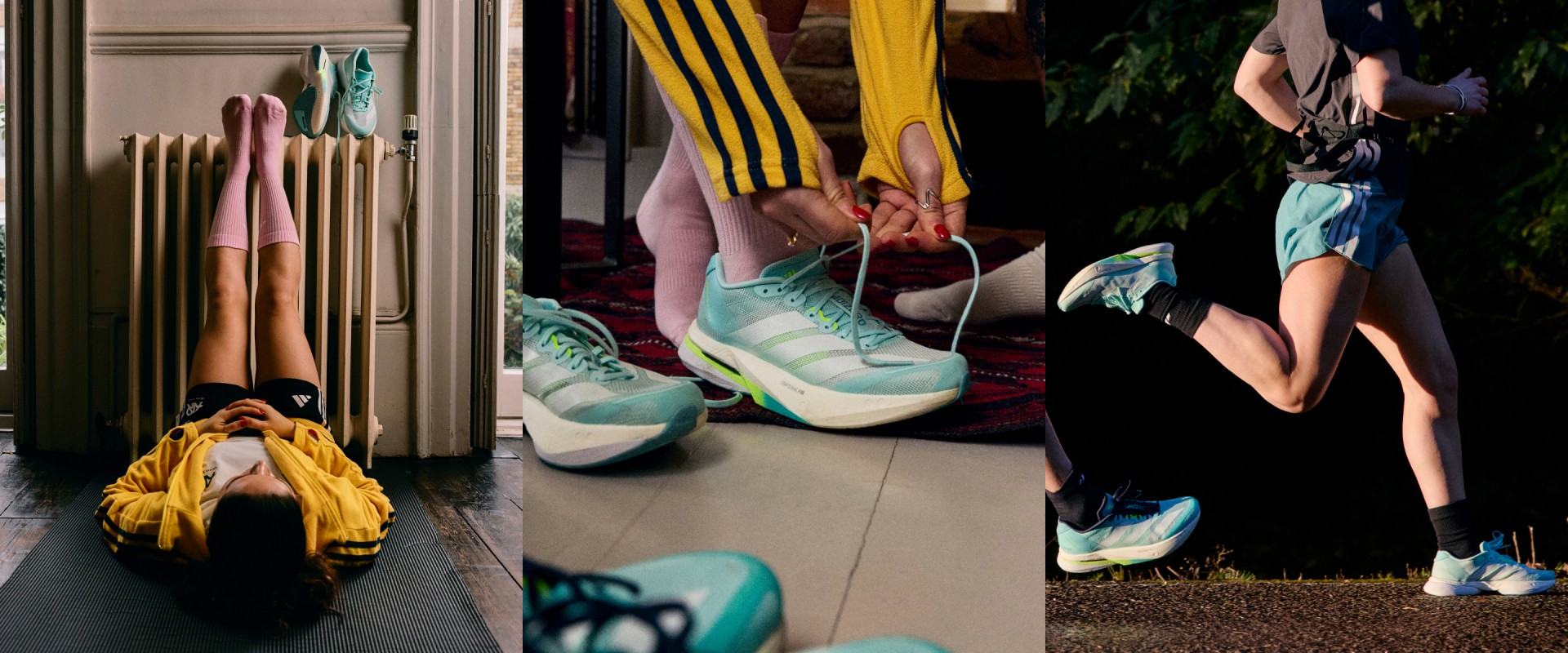 Three images show, a woman with her legs up against a wall with her new Adizero Boston 13's drying on a radiator after a run, a woman tying the laces up of her Adizero Boston 13s and a woman running in a street wearing them.