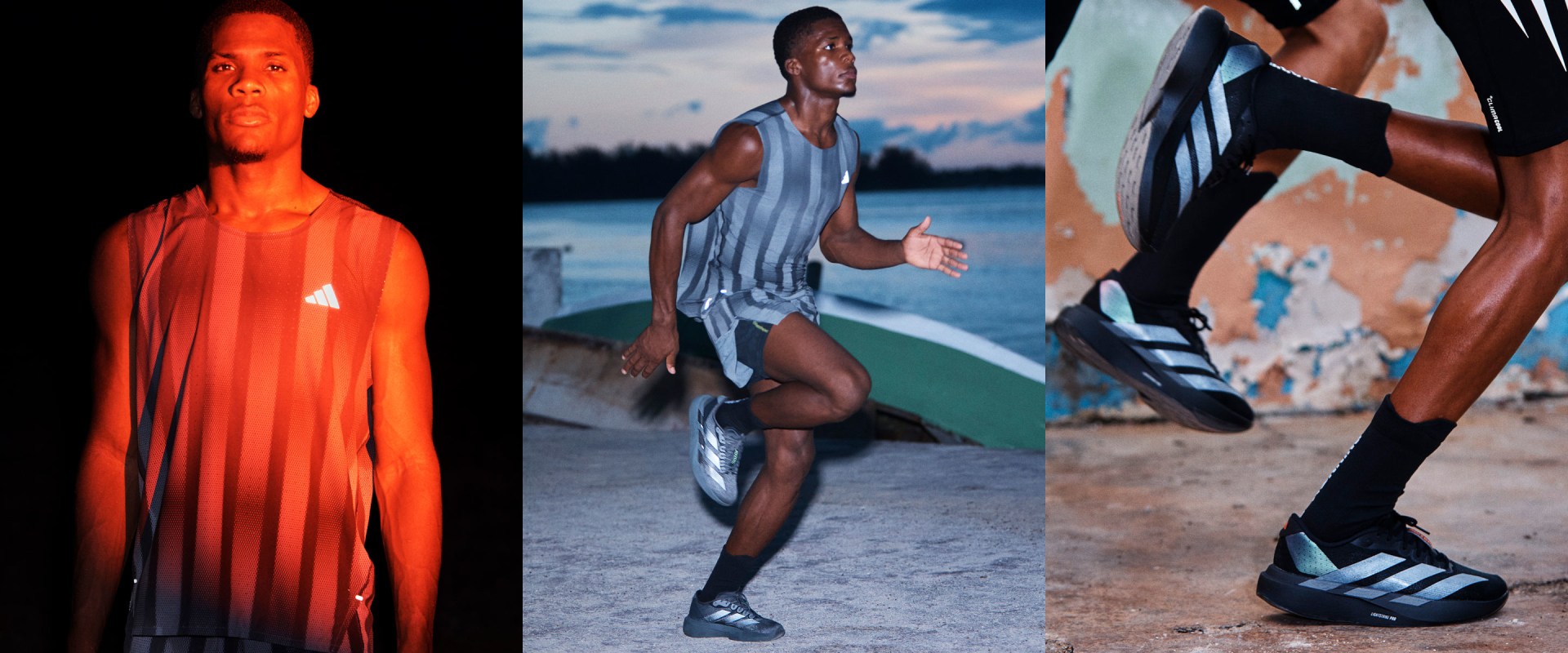 Das Bild zeigt eine Person, die eine knallig orangefarbene Jacke trägt, eine Person, die an einem Strand mit Bergen im Hintergrund läuft, und eine Person, die Sportschuhe trägt.