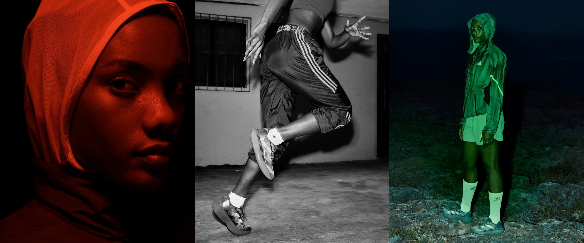 A person in a red hooded garment, a figure in a flowing dark dress, and a person in a green outfit stand in contrasting lighting and settings.