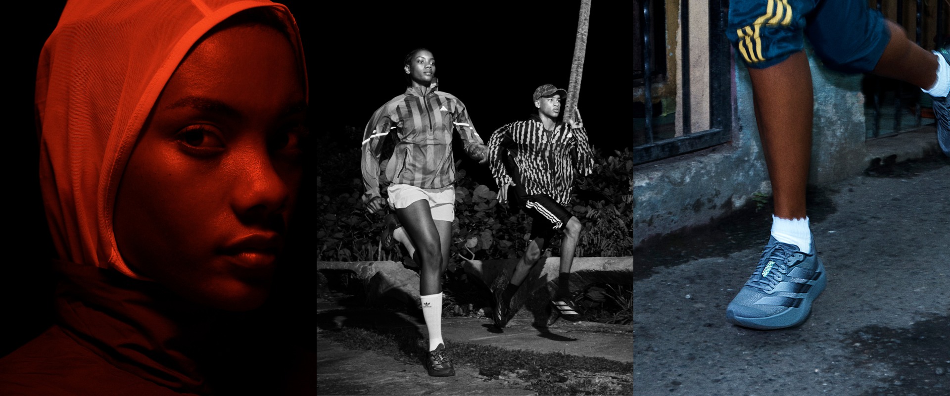 A close-up of a person's face in the foreground, with two figures walking in the background on a dimly lit street.