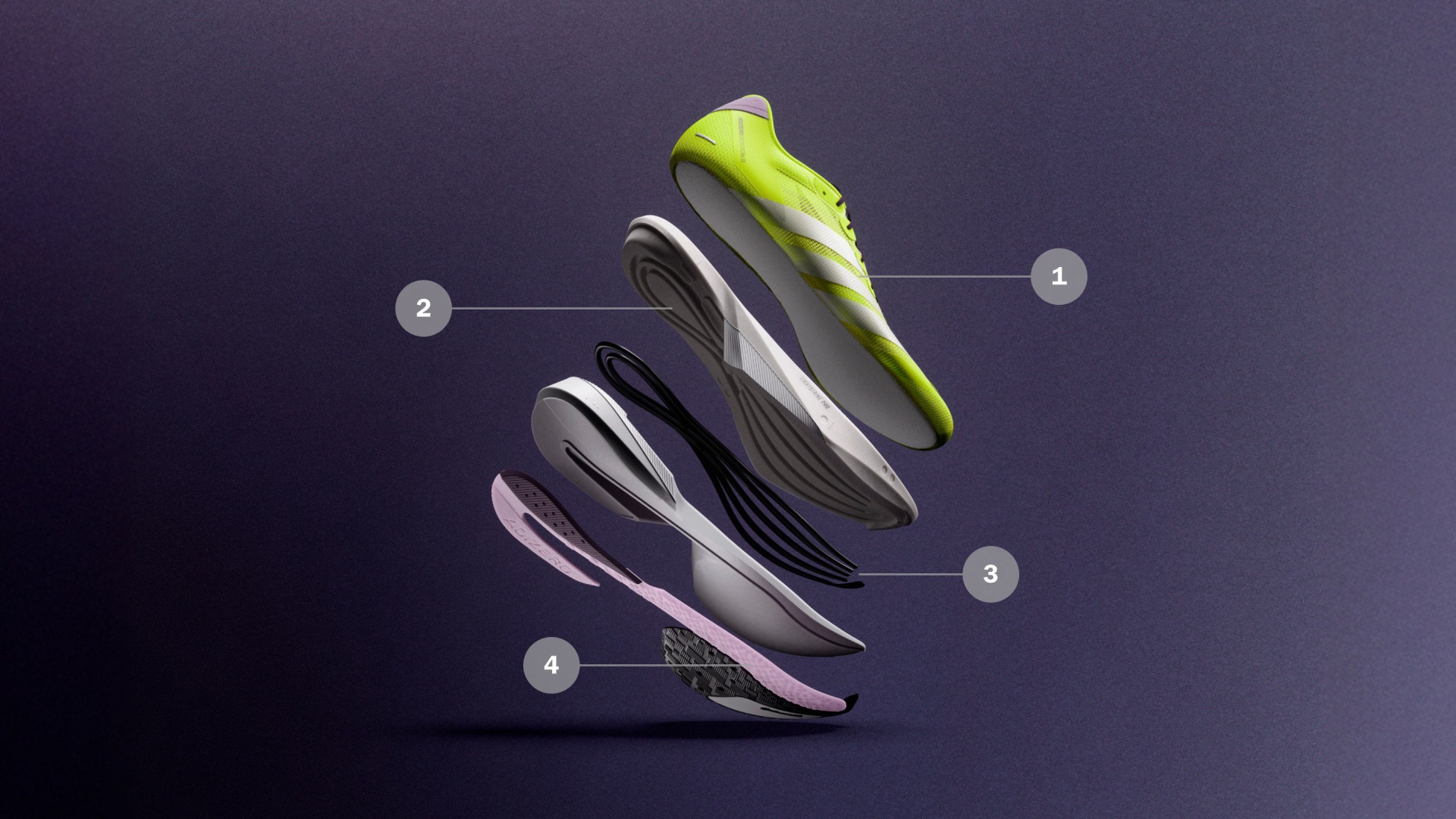 The image depicts a pair of athletic shoes in various shades of gray and green, floating against a dark purple background.