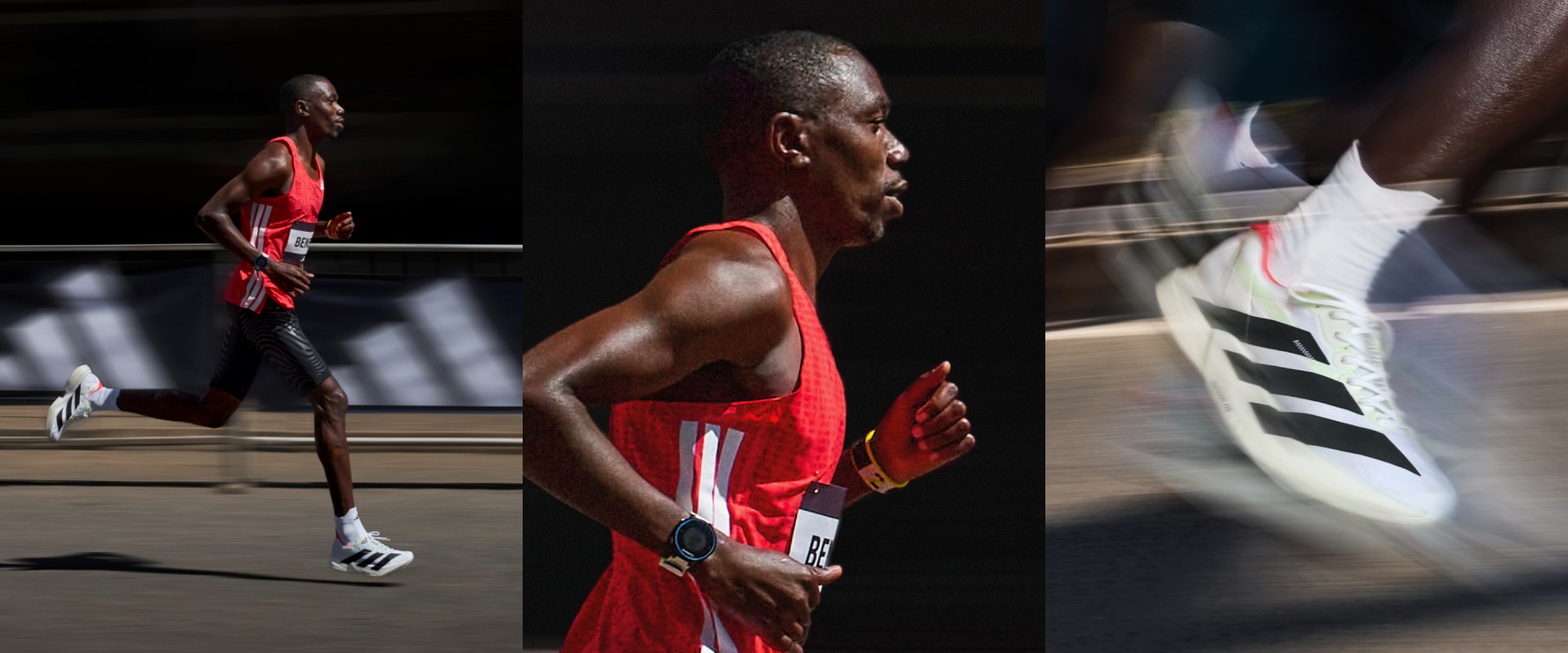 Three views of marathon runner Benson Kipruto running outside in an urban setting wearing adidas running shoes and clothing.