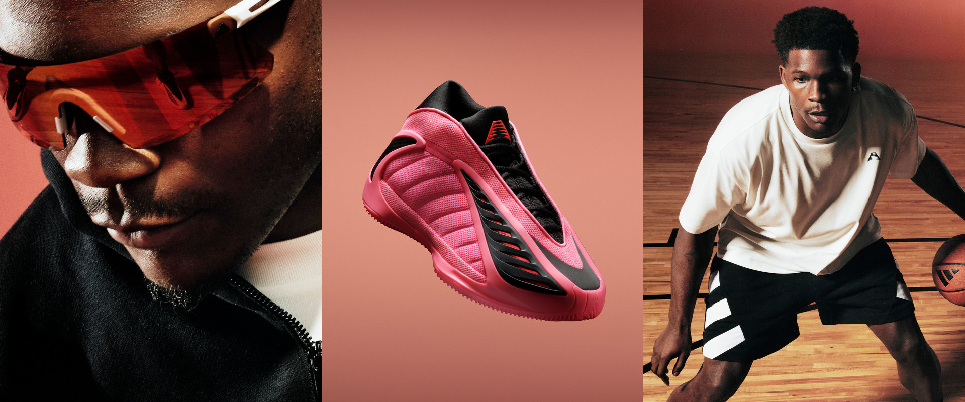 빨간색 스포츠 선글라스와 검은색 아디다스 재킷, 농구공을 들고 있는 앤서니 에드워즈의 모습을 보여주는 세 개의 패널로 구성된 분할 이미지 센트럴은 핑크와 블랙 컬러의 아디다스 앤서니 에드워즈 2를 배경으로 한 농구화입니다.