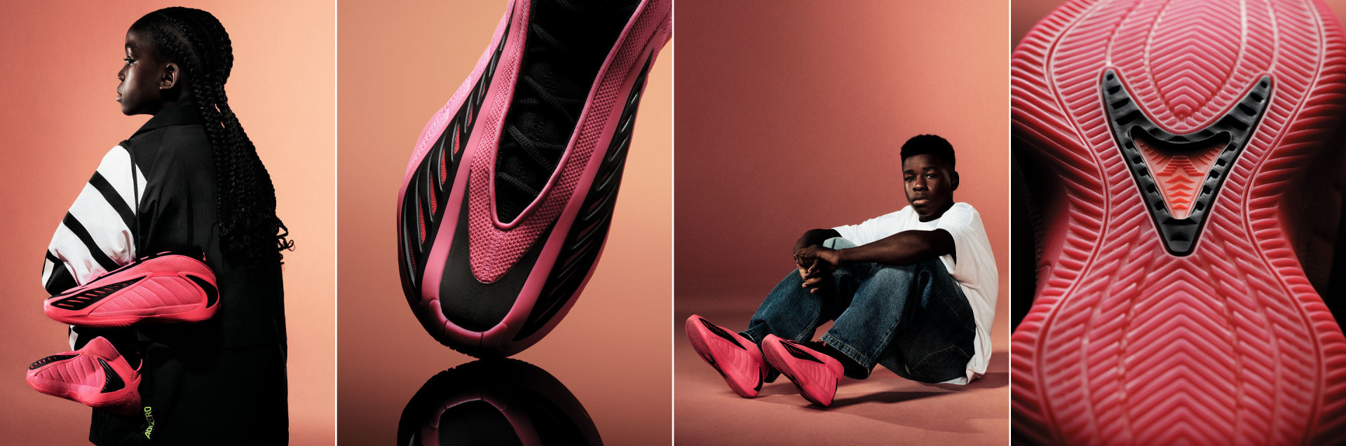 Four images show kids wearing the pink adidas Anthony Edwards 2 basketball sneaker. There are close-up views of the trainers.