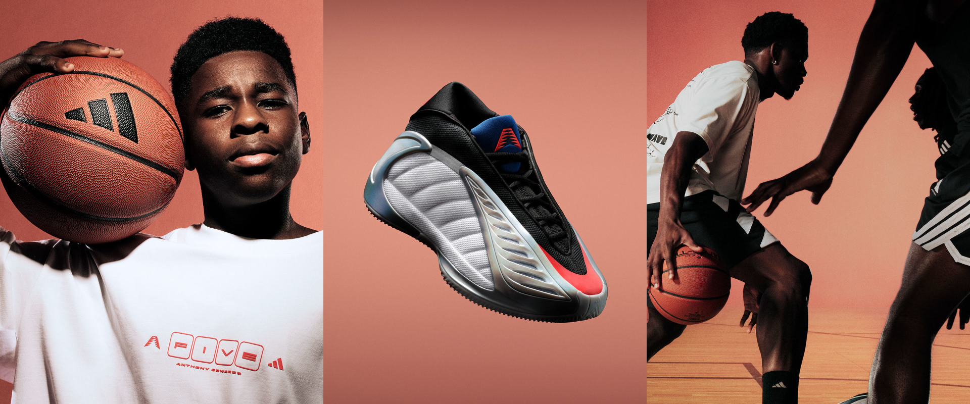 無地の背景に、グレー、ブラック、レッドで彩られたadidas Anthony Edwards 2 プレデターバスケットボールスニーカーの3枚はぎの画像の片側に、少年がバスケットボールを持ち、Anthony Edwardsがバスケットボールに手を加えている。