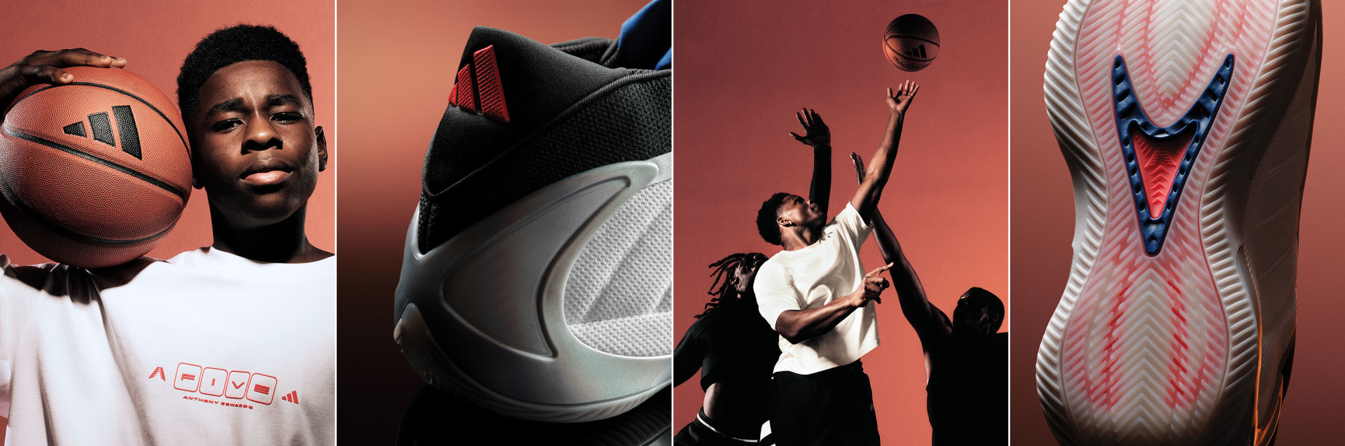 Four-panel image showing a boy with an adidas basketball, close-ups of the adidas Anthony Edwards 2 Predator basketball sneaker, and players jumping for a ball.