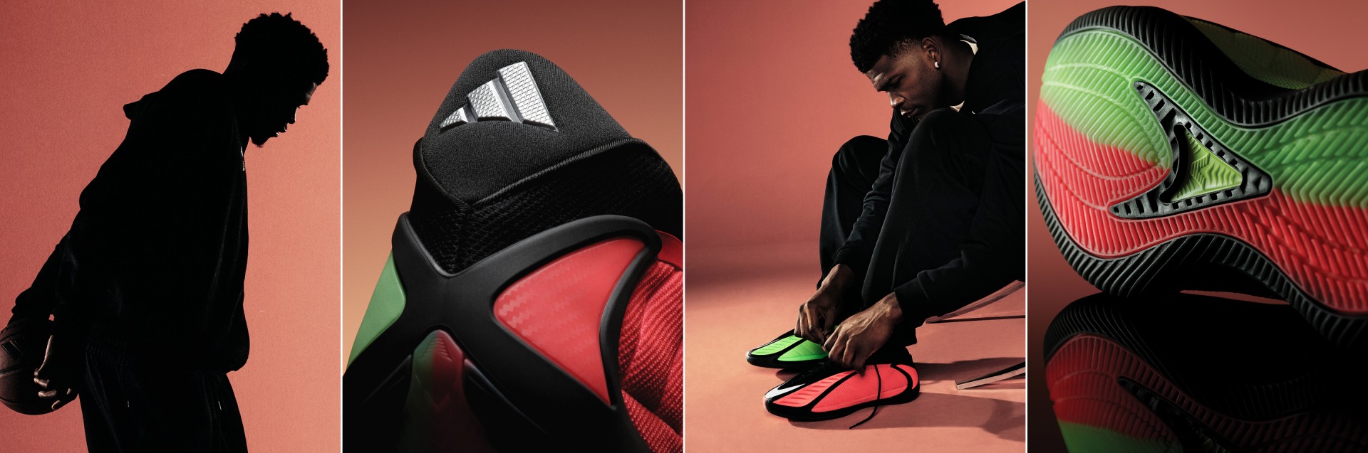 Cuatro imágenes muestran a Anthony Edwards jugando básquet y vistas en primer plano de los tenis adidas Anthony Edwards 2 en rojo y verde negro.