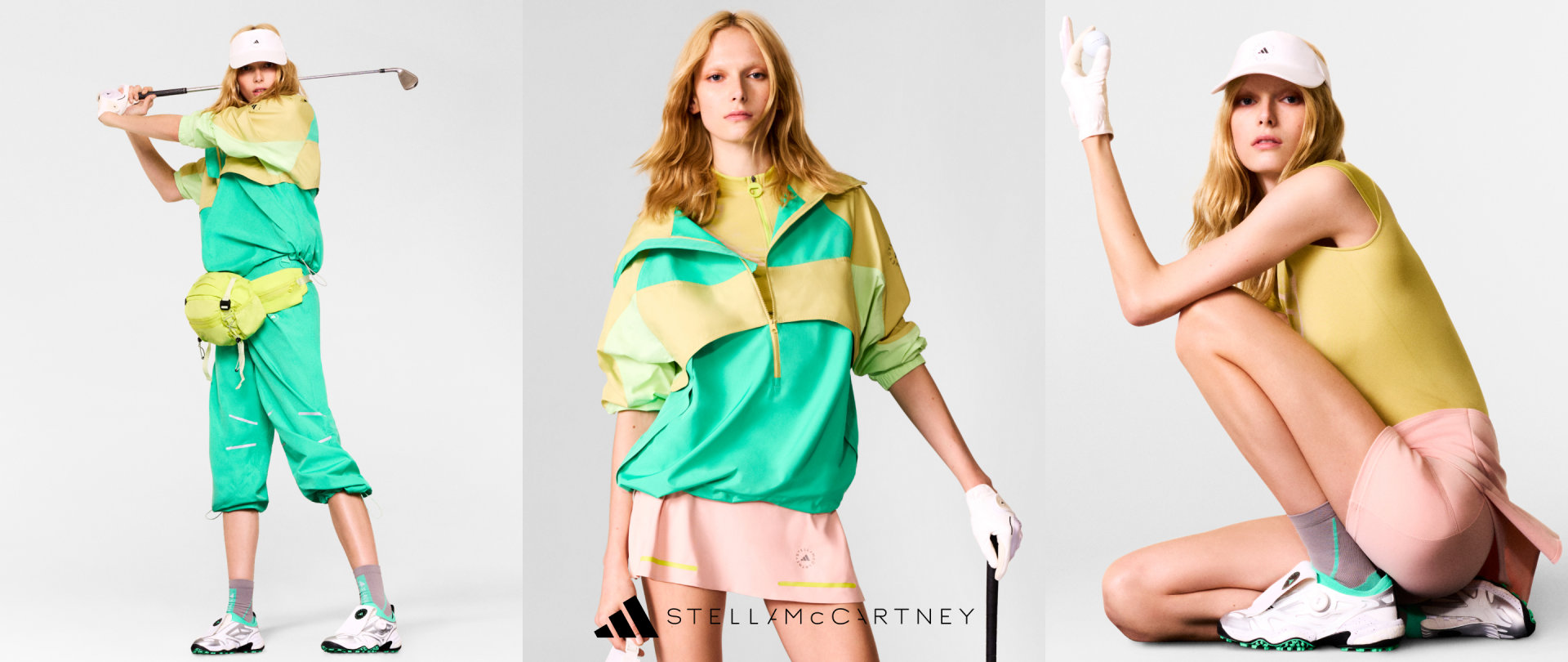 Triptych of models wearing aSMC apparel full looks. Left to right - close up of model posing standing. Model standing swinging club. Model posing sitting  