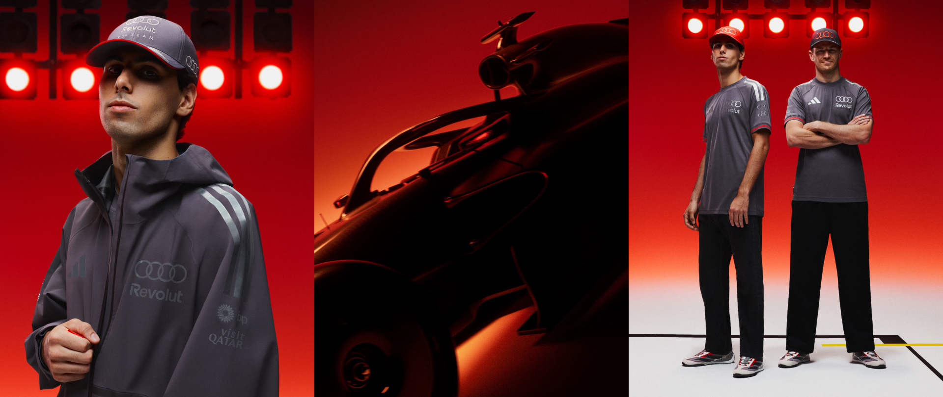 3 images, all with red background. 1st with F1 driver Gabriel Bortoleto spotlights behind. 2nd is a macro image of the side view of Audi Revolut F1 car. 3rd is a shot of Gabriel Bortoleto and Nico Hülkenberg with spotlights behind.
