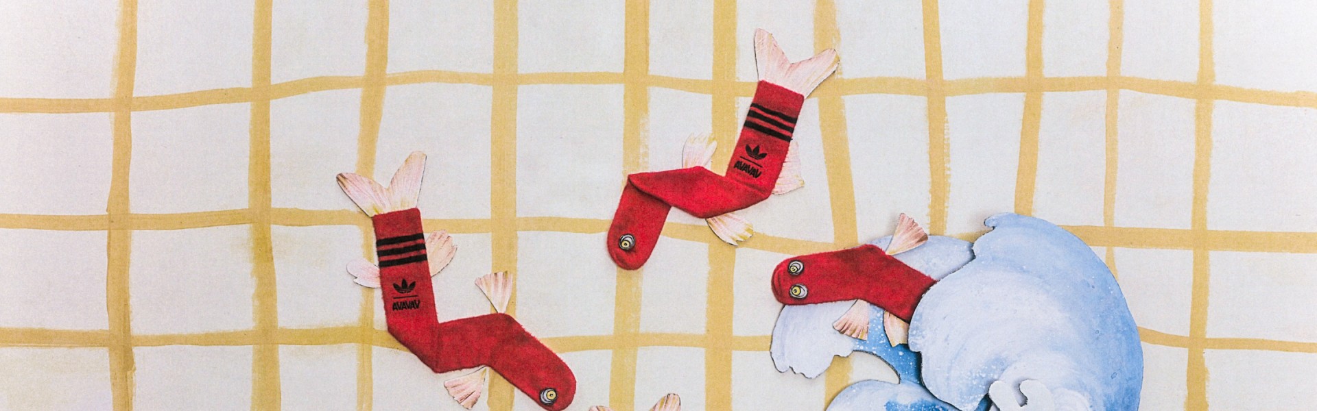 The image depicts several red and blue origami-like figures against a background of yellow and white geometric patterns.