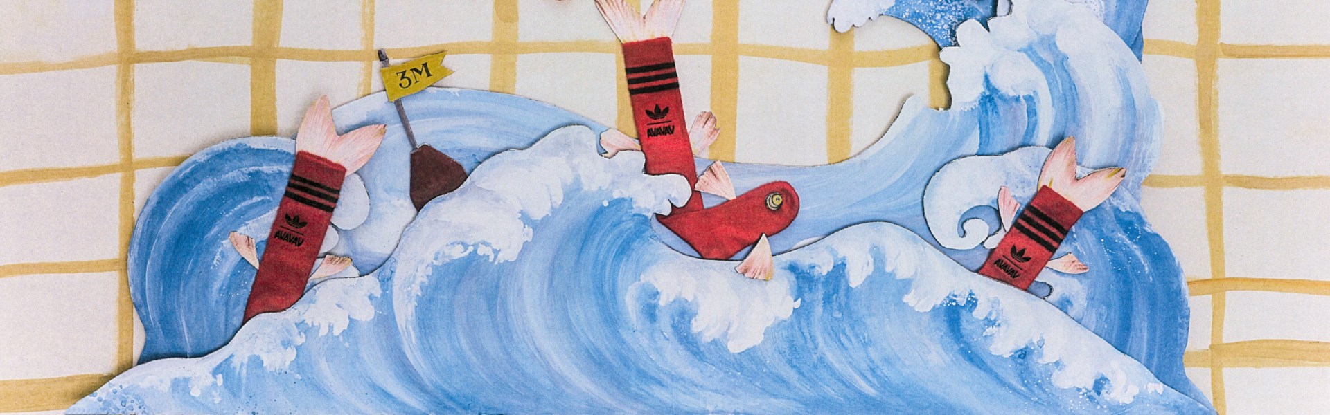 A vibrant and dynamic painting depicting a snowy mountain landscape with red and white ski poles protruding from the snow, set against a backdrop of a stylized, geometric architectural structure.