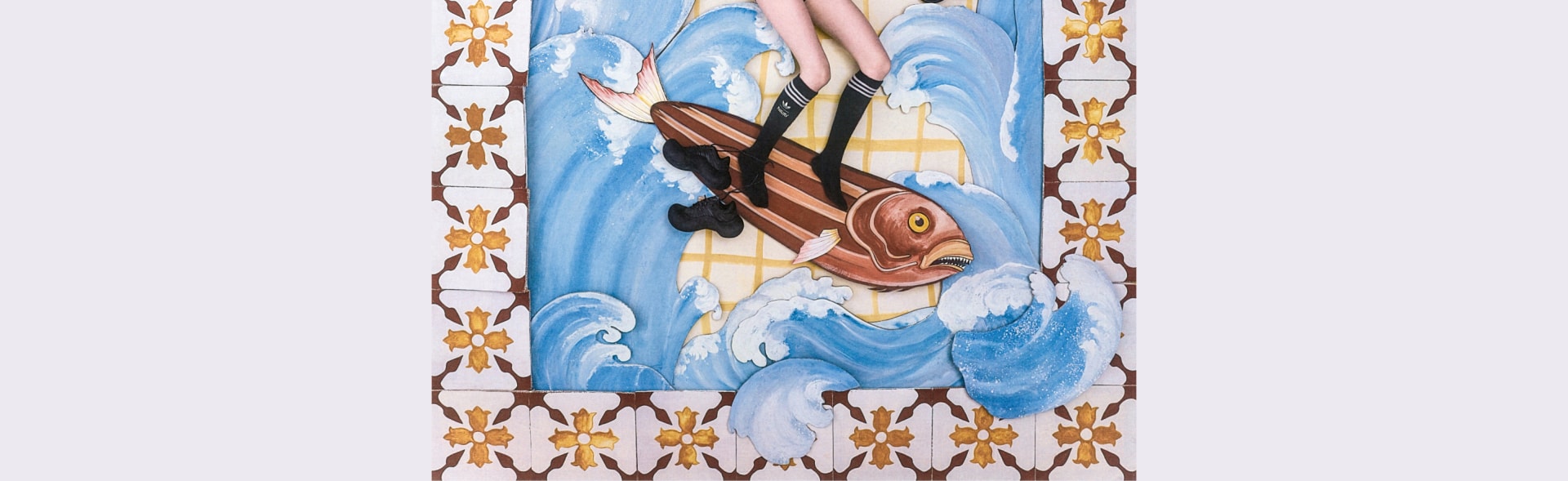 A colorful and whimsical illustration depicts a fish-like creature swimming through a swirling, cloud-like background, surrounded by a decorative border of floral patterns.