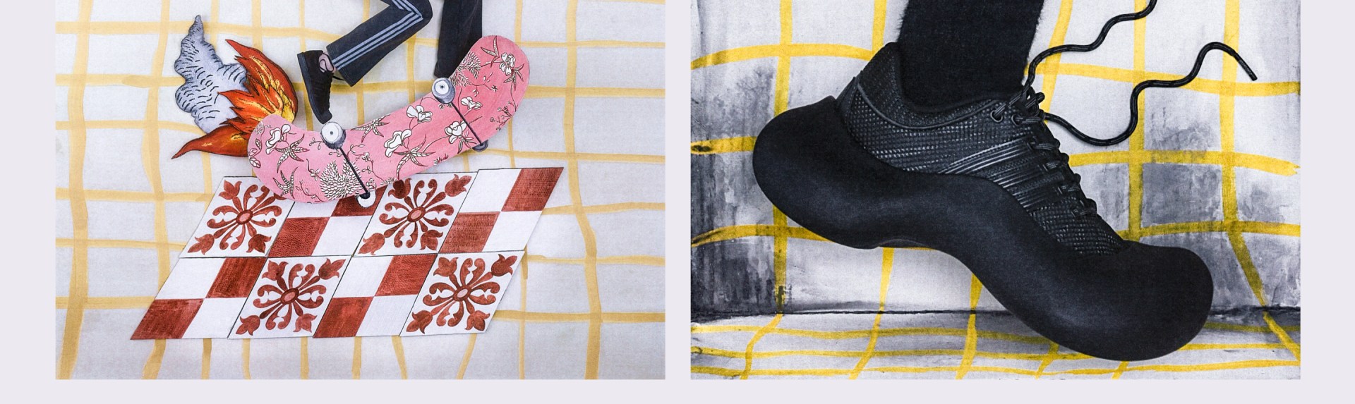 A pair of pink and white patterned shoes rests on a tiled floor, with a black boot visible in the background against a wall with yellow and black geometric designs.