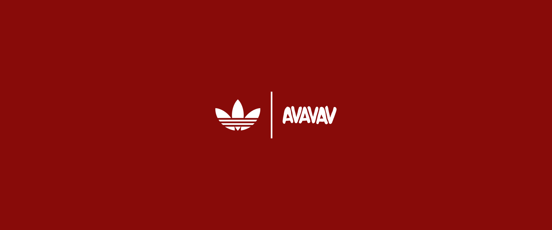 The image displays the Adidas logo alongside the word "AVAYAV" against a solid red background.