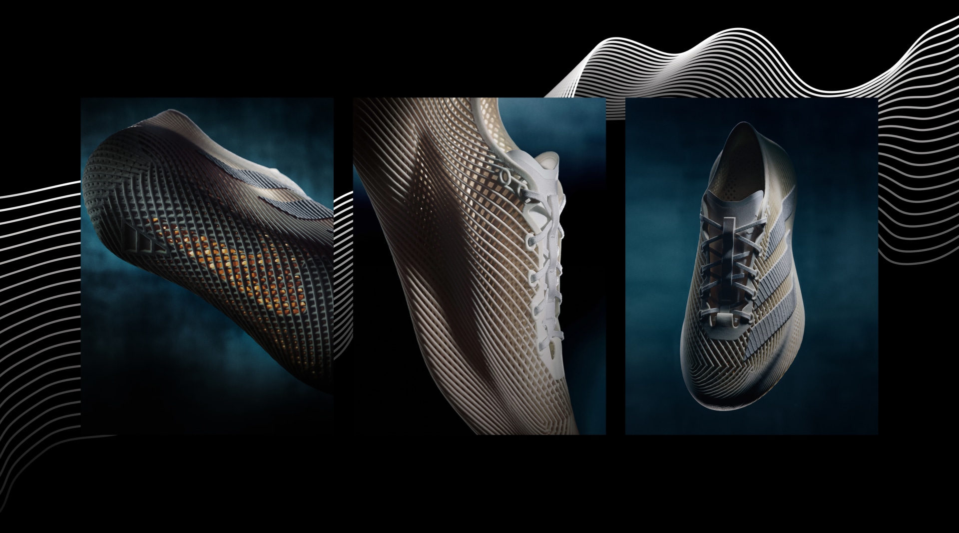 Görüntü, her biri koyu bir zemin üzerinde çeşitli desen, doku ve renklere sahip, ayrı ve karmaşık bir tasarıma sahip üç farklı kramponun veya ayakkabının yakın çekim görüntüsünü sergiliyor.