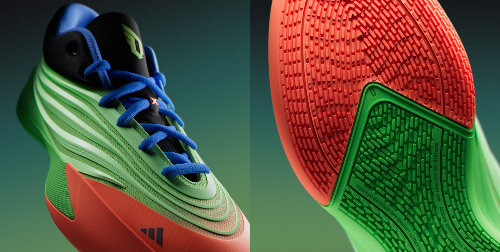 The image features a vibrant and colorful soccer cleat, with a green and red design, against a blurred green and blue background.