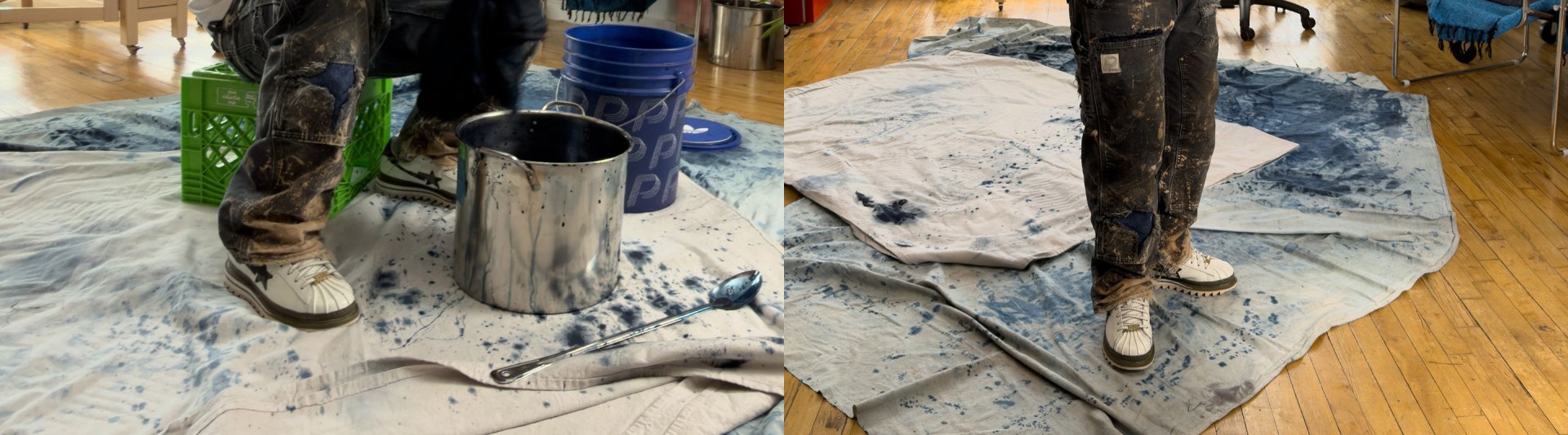 Çeşitli aletler, kovalar ve ön planda desenli bir bez veya kumaş içeren, ahşap bir arka plana yerleştirilmiş dağınık bir çalışma alanı.