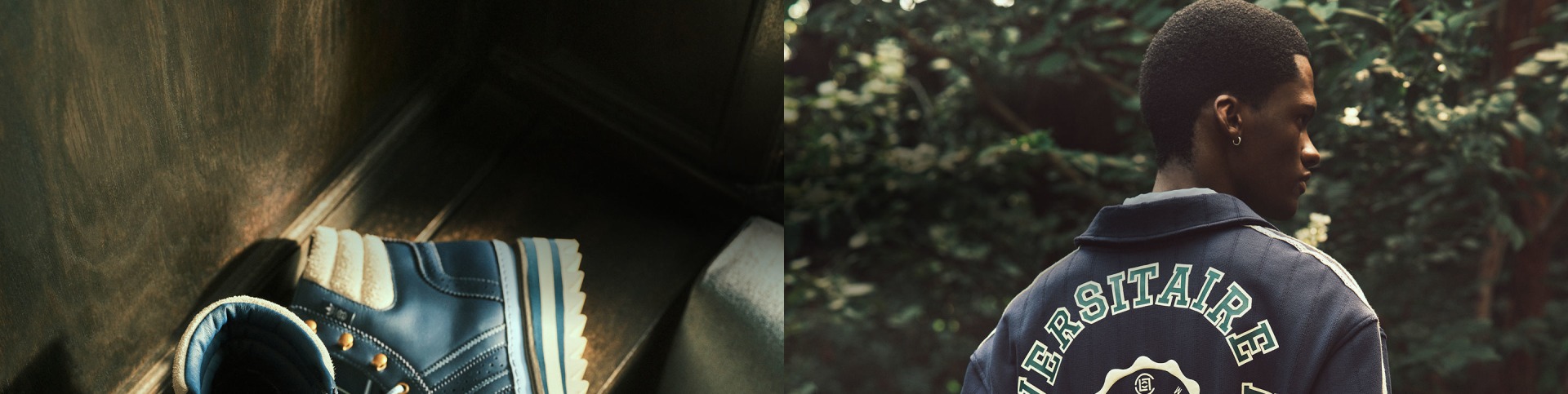 Close-up of a navy adidas x Edison Chen CLOT Pro Model boot with a ridged toe, white sole, and gold eyelets on the left. On the right, a man wears a dark jacket with large text on the back reading “CONSEIL UNIVERSITAIRE adidas” around a Trefoil logo.