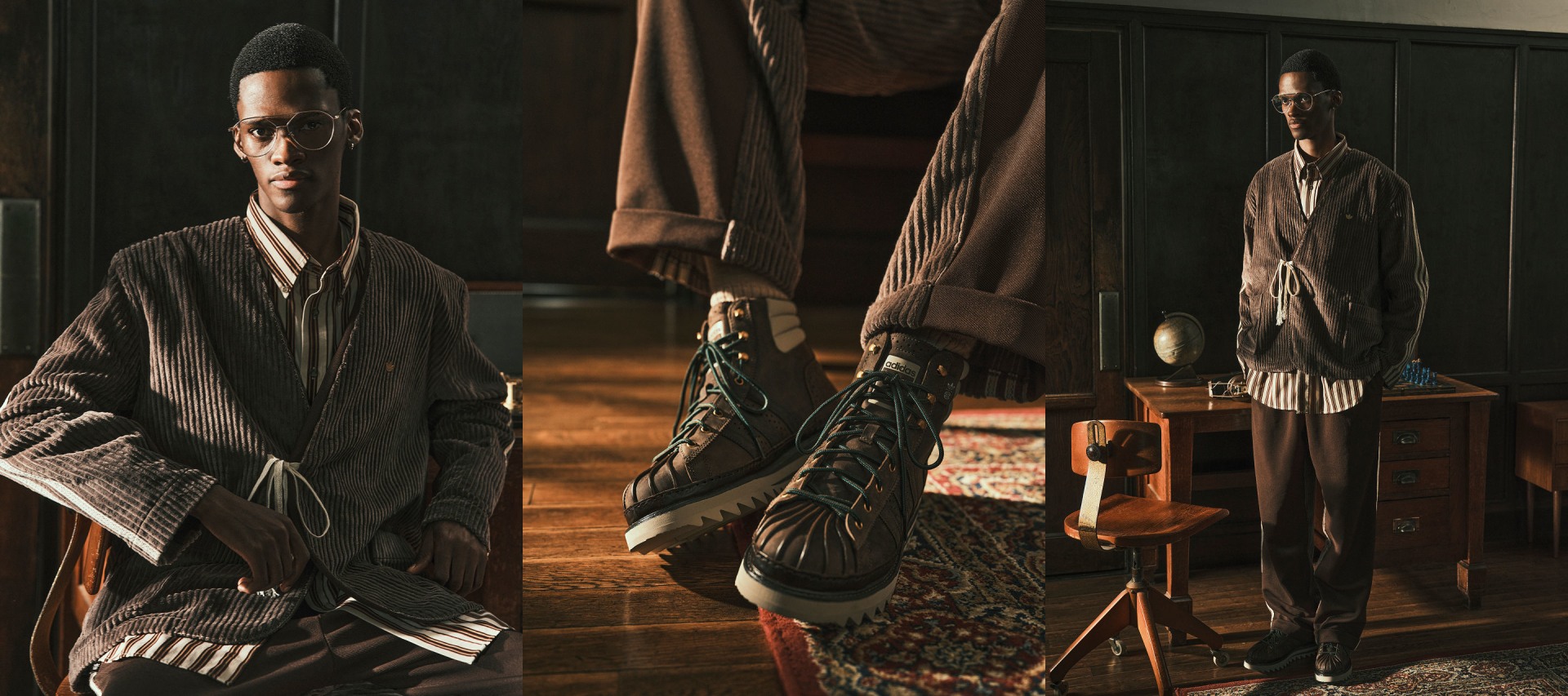 アイコニックなadidas CLOT Pro Model Collection by Edison Chenのアイテムを身に着けている男性の3人の画像。ストライプシャツの上にブラウンのピンストライプ ジャケット、ブラウンのadidas CLOT Pro Model スパイク、ブラウンのコーデュロイパンツがセットになっている。 