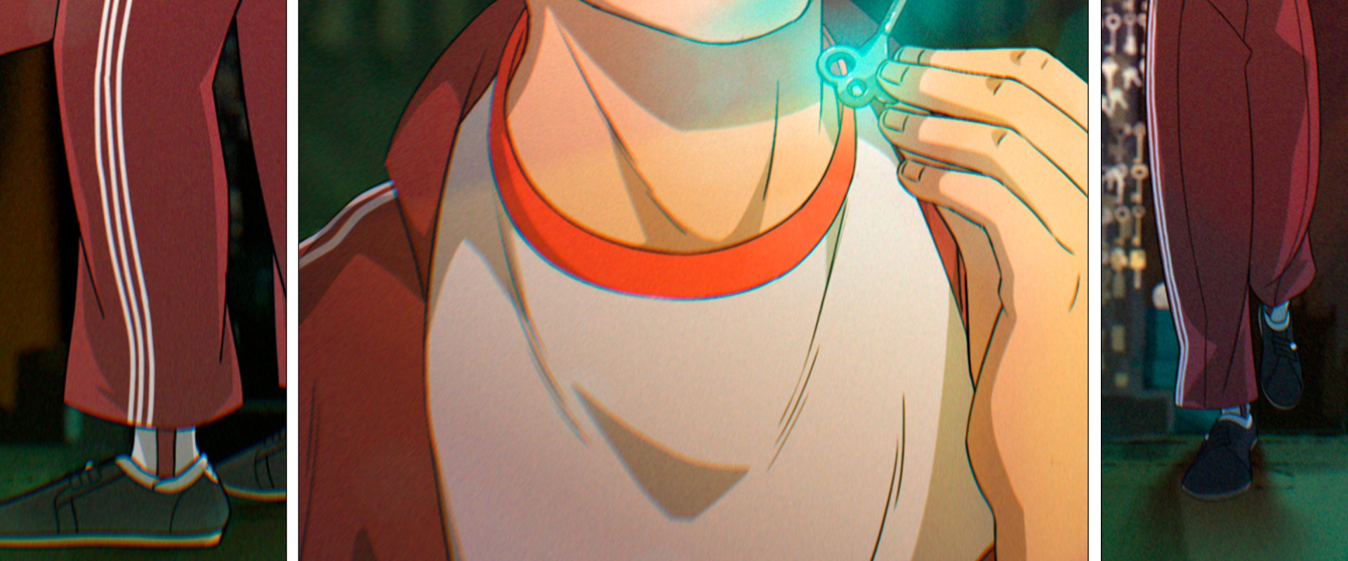 애니메이션과 만화를 입은 에디슨 첸의 세 가지 사진이 담긴 배너가 열쇠와 손잡, 재킷을 들고 있다가 착용한 모습을 보여줍니다