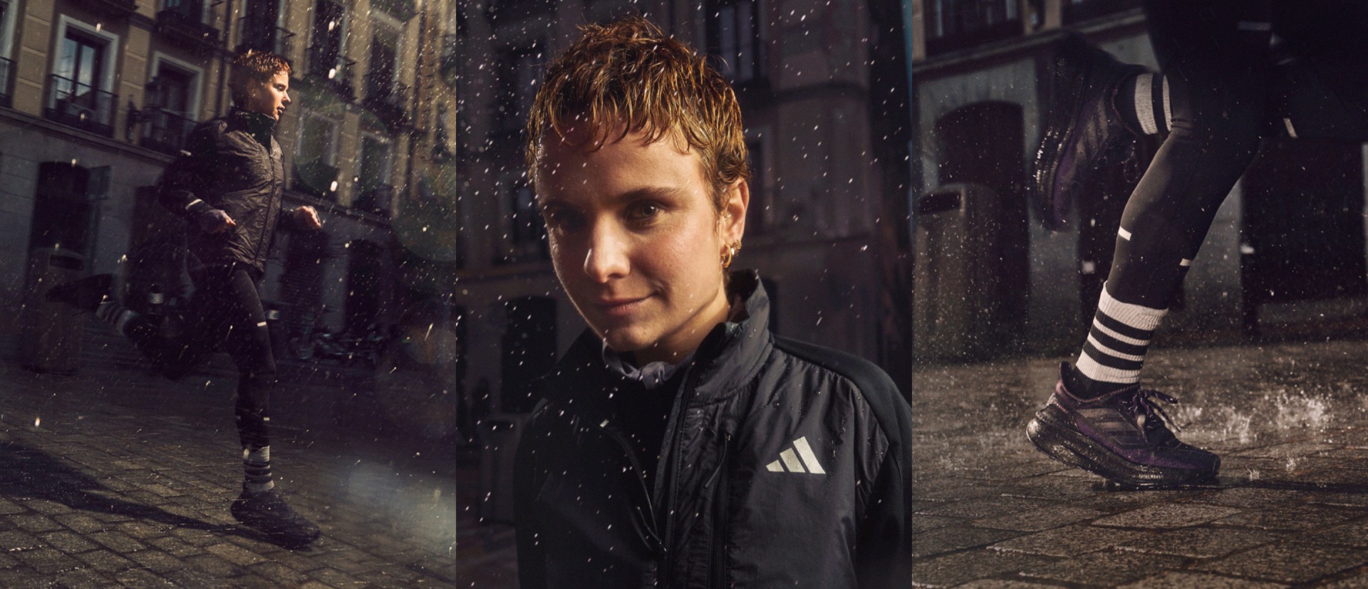 La imagen muestra a un joven con una expresión seria, parado en un callejón con poca luz con edificios y gente al fondo, mientras caen copos de nieve a su alrededor.