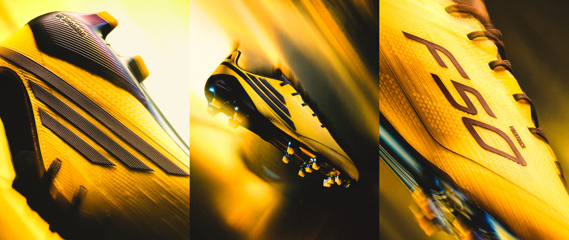 The image features a close-up view of a pair of F50 football boots, with their distinctive studs and patterns, set against a vibrant yellow background that creates a dynamic and energetic visual composition.